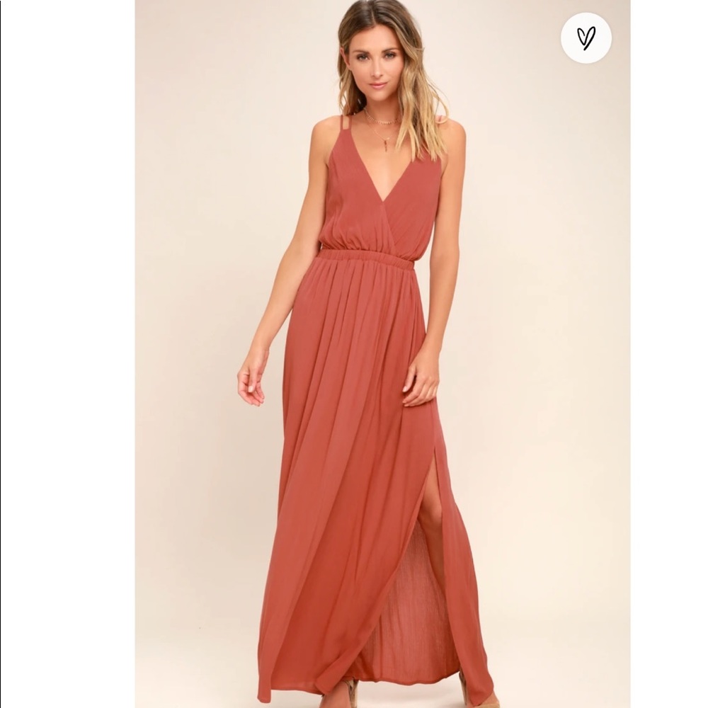 Lulu's Rust Maxi Dress with V-Neck & Side Slit